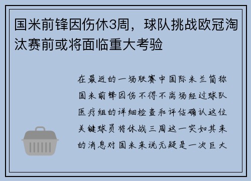 国米前锋因伤休3周，球队挑战欧冠淘汰赛前或将面临重大考验