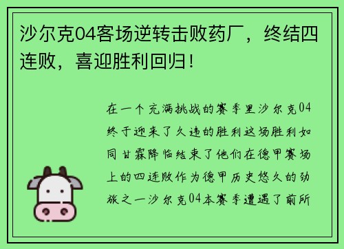 沙尔克04客场逆转击败药厂，终结四连败，喜迎胜利回归！