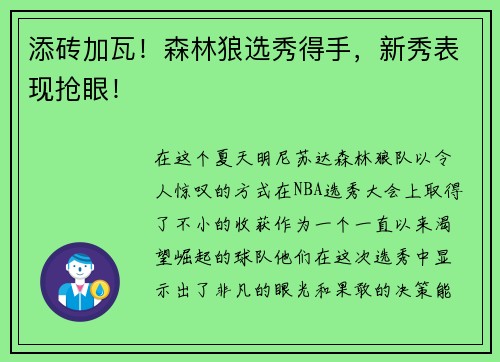 添砖加瓦！森林狼选秀得手，新秀表现抢眼！